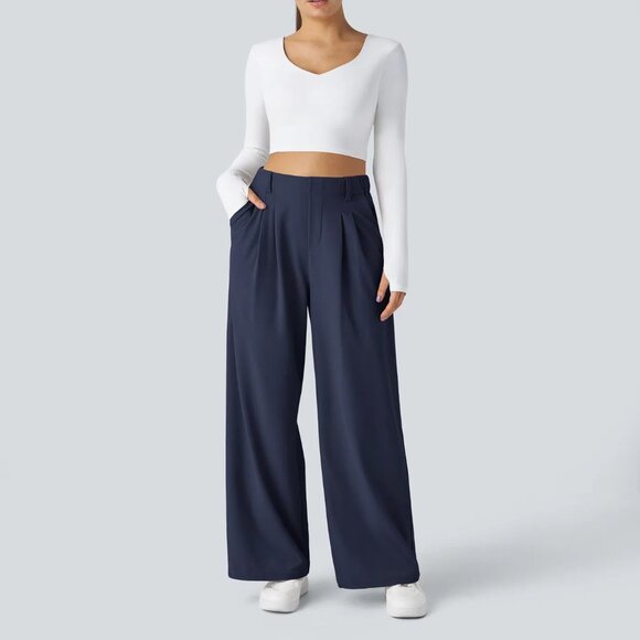 NEW Halara Flex High Waist Wide Leg Waffle Work Pants Navy Blue Small Petite - Picture 3 of 14